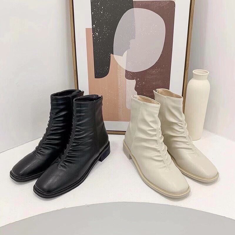 Giày Boot, Giày Boot Nữ - Giày Boot Nữ Hàn Quốc Da Nhăn Cao 2-3Cm Da Mềm Màu Đen - Kem Trắng Êm Chân Năng Động Cao Cấp