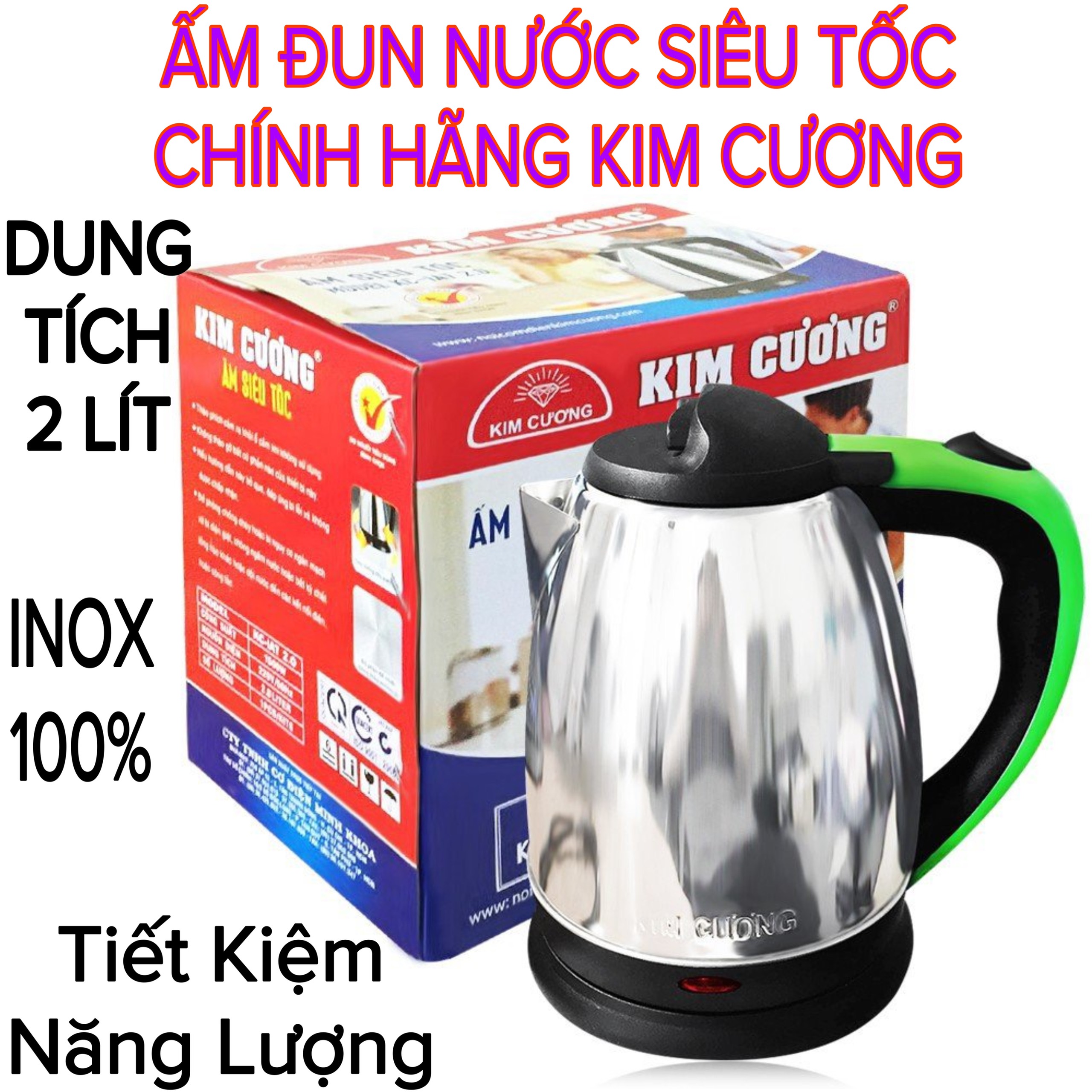 Ấm đun nước siêu tốc kim cương kc-iat inox chính hãng 100% loại 2 lít. bảo hành 06 tháng 98