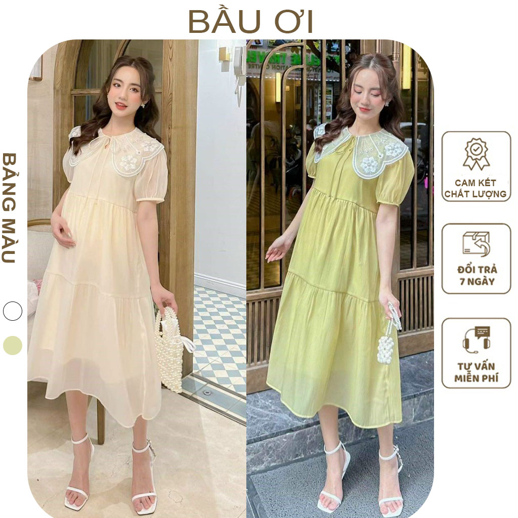 Đầm bầu tiểu thư phối cổ sen chất voan tơ - váy bầu dự tiệc mùa hè freesize