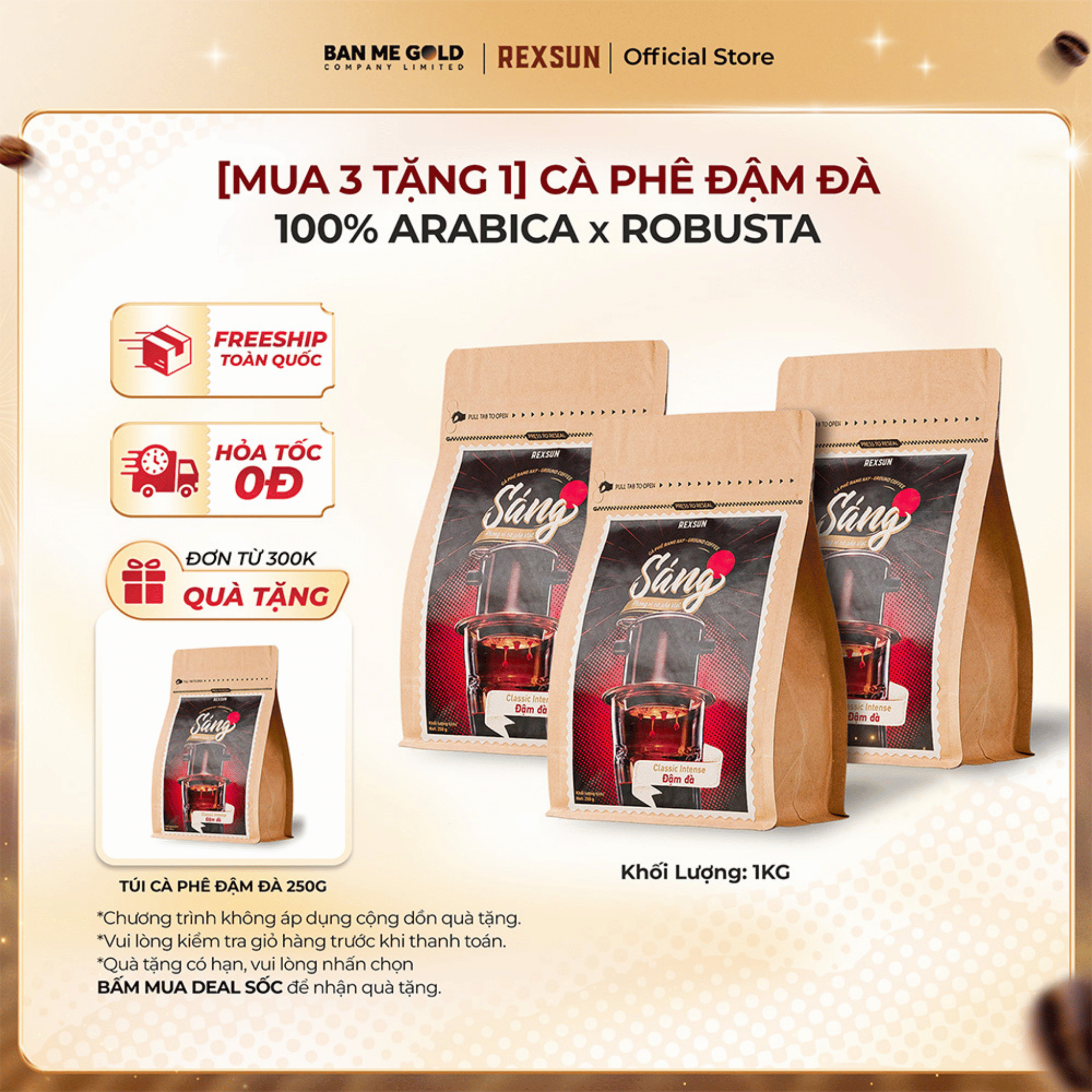 [MUA 3 TẶNG 1] Cà Phê Rang Xay Gu Đậm Đà - 100% Arabica x Robusta - 250g/500g - Cafe Nguyên Chất Ban Me Gold - REXSUN