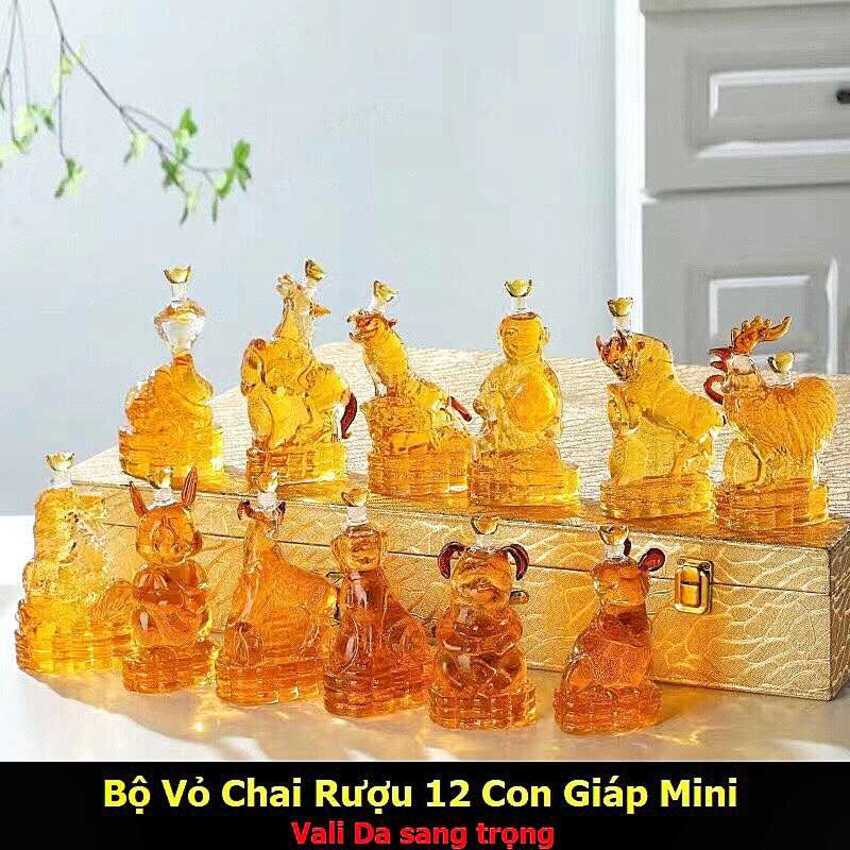Bộ chai đựng rượu 12 con giáp mẫu mới nhất – kèm vali da cao cấp có khóa số - bộ vỏ chai thủy tinh 12 con giáp - bình đựng rượu làm quà tân gia