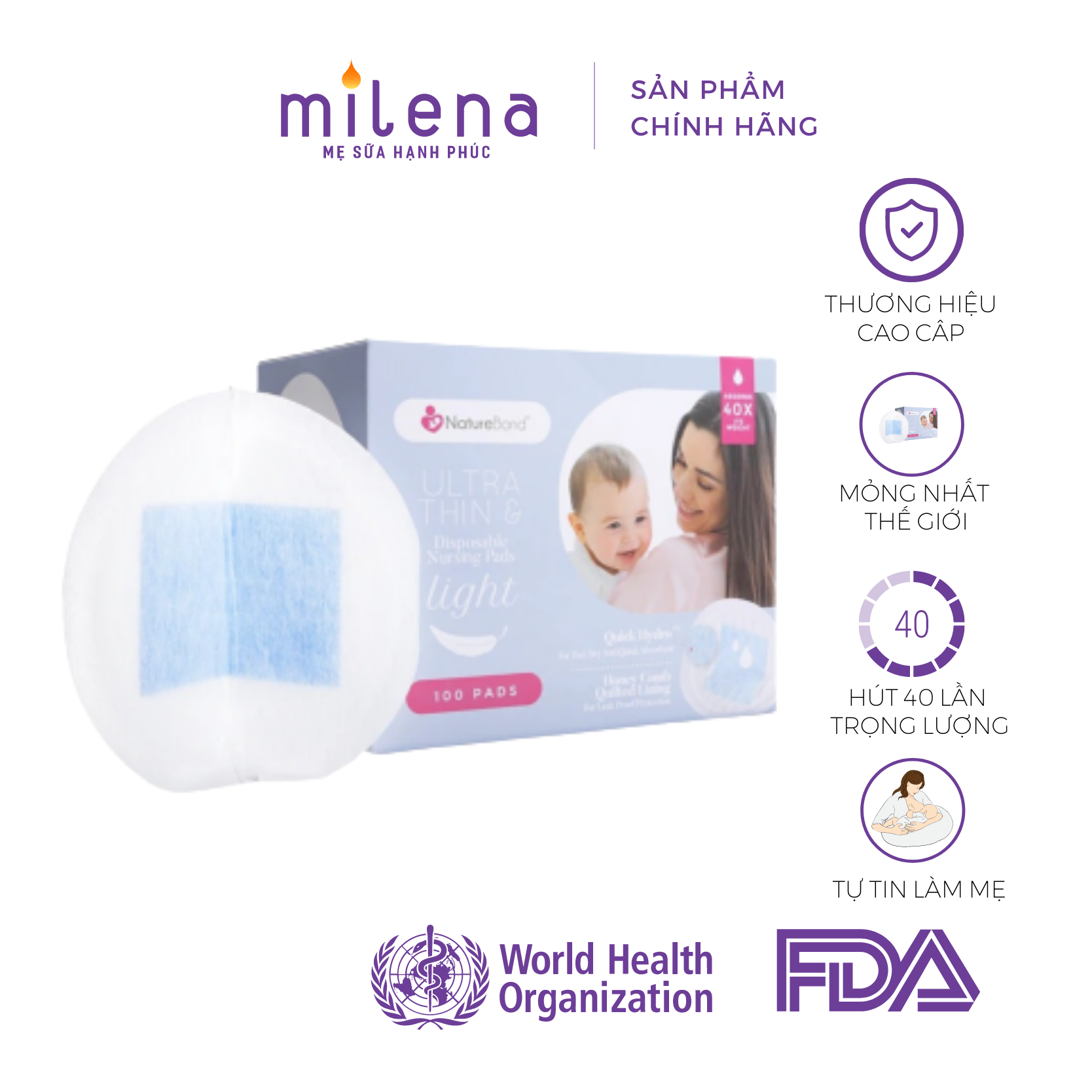Miếng lót thấm sữa cao cấp NatureBond dùng 1 Lần Mỏng ,nhẹ vô hình Polymer Nhật Bản thấm 40 lần trọng lượng