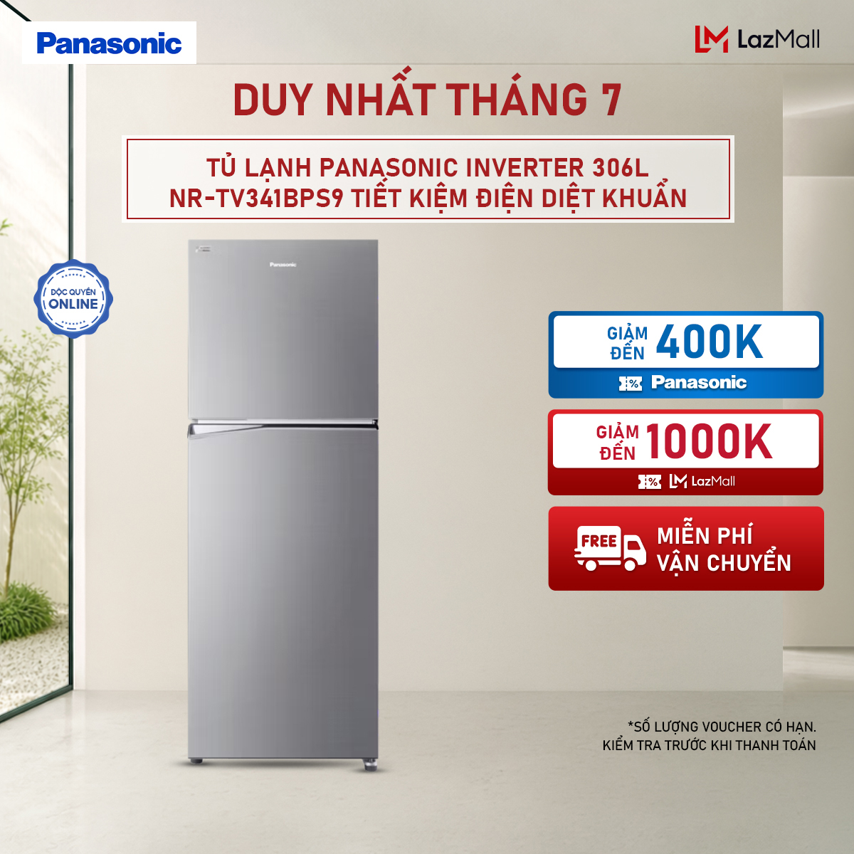 [ Chỉ giao miền Bắc] Tủ lạnh Panasonic Inverter 306L NR-TV341BPS9 Tiết kiệm điện diệt khuẩn