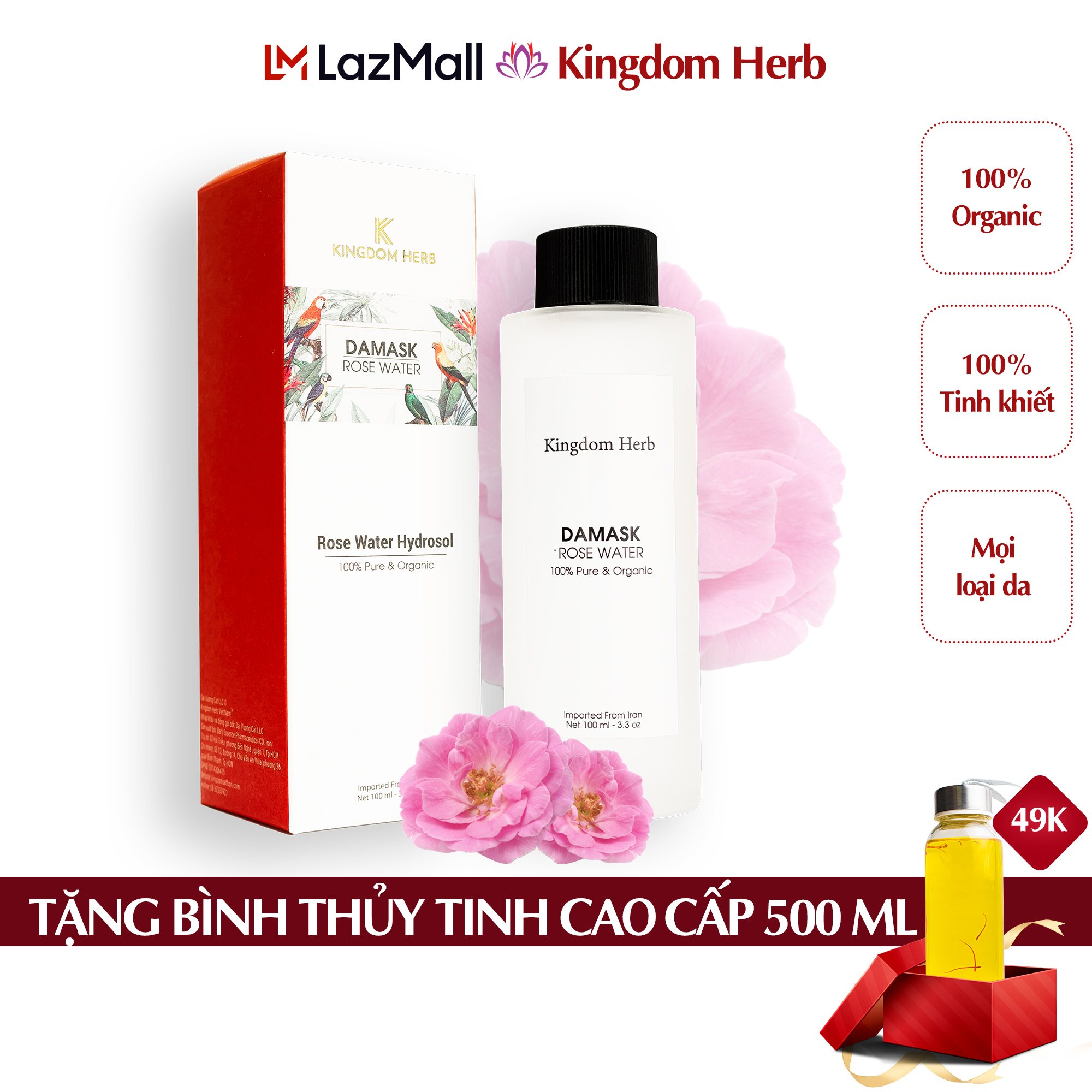 Nước hoa hồng Kingdom Herb Damask hộp 100ml, giúp se khít lỗ chân lông, toner không cồn, dưỡng da, chống lão hóa