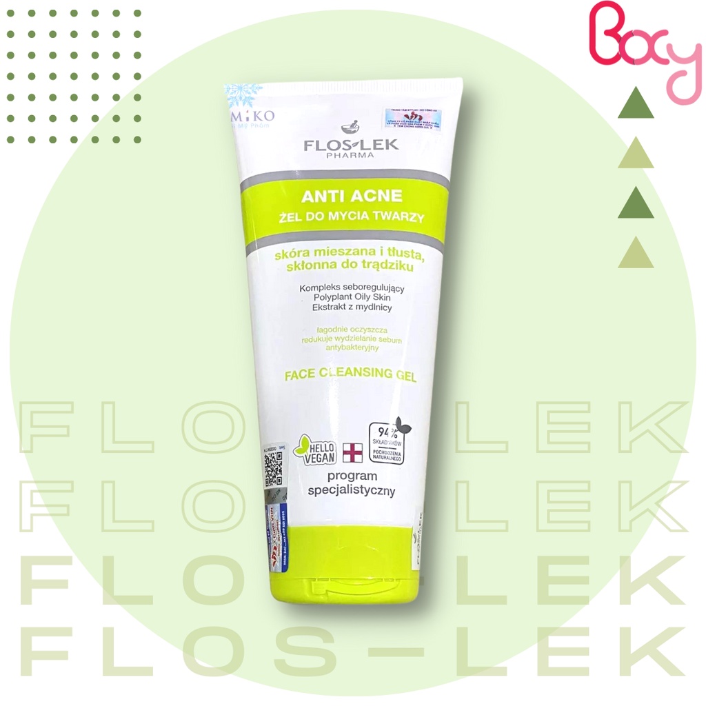 Sữa rửa mặt Floslek cho da dầu mụn Anti Acne Bacterial Face Cleansing g.el 200ml