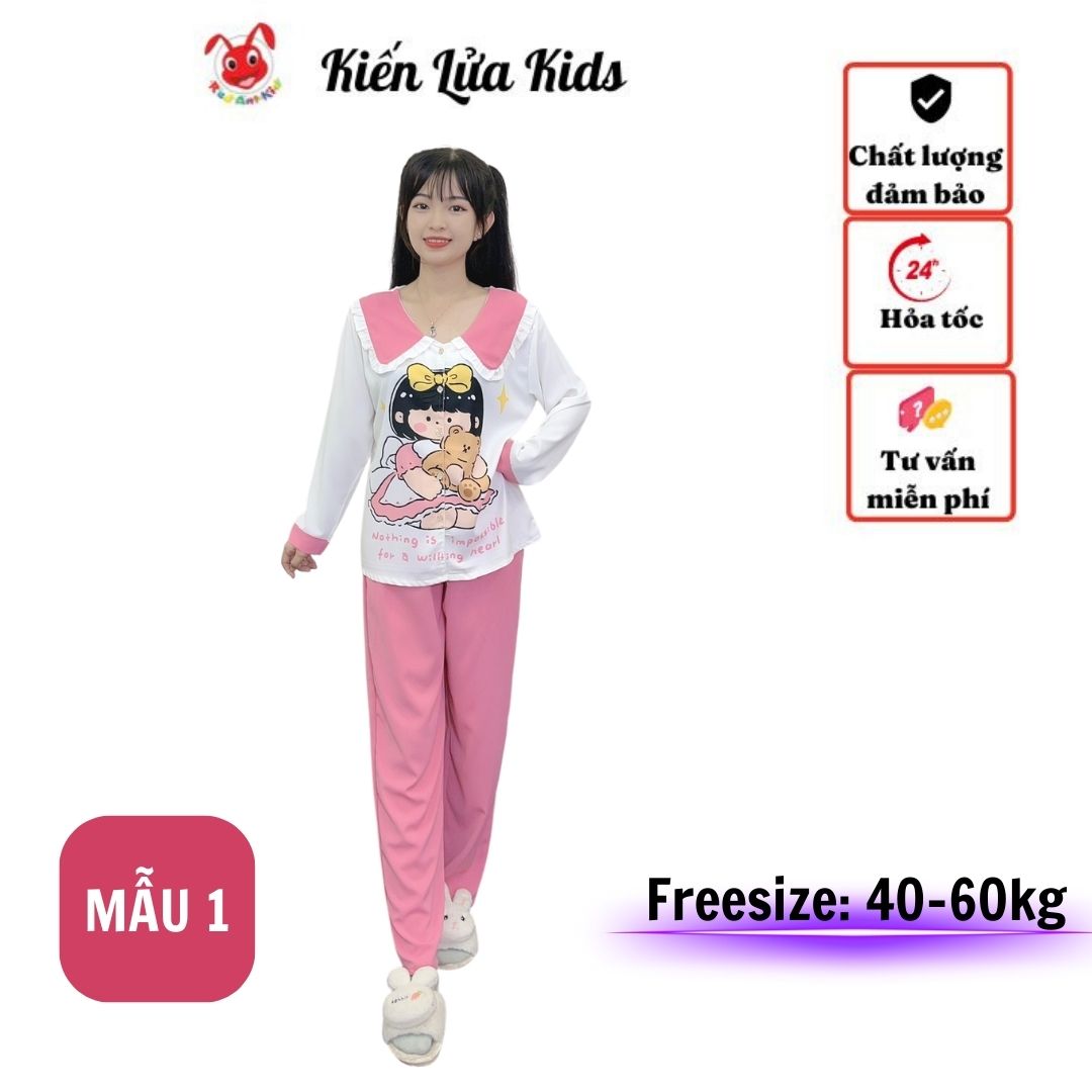 Đồ bộ mặc nhà pijama tay dài từ 40-60kg- Freesize - chất liệu lụa mango cao cấp- Kiến Lửa