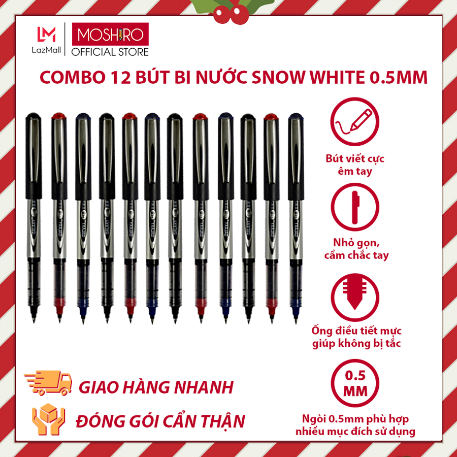 Combo 12 Bút bi nước mực gel Moshiro Snowhite Ngòi 0.5mm Mực đều nét chữ đẹp dùng cho học tập, văn phòng viết khô nhanh điều tiết mực ra đều và liên tục
