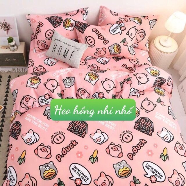Set ga gối 3 món 1m6 cotton poly mẫu heo hồng