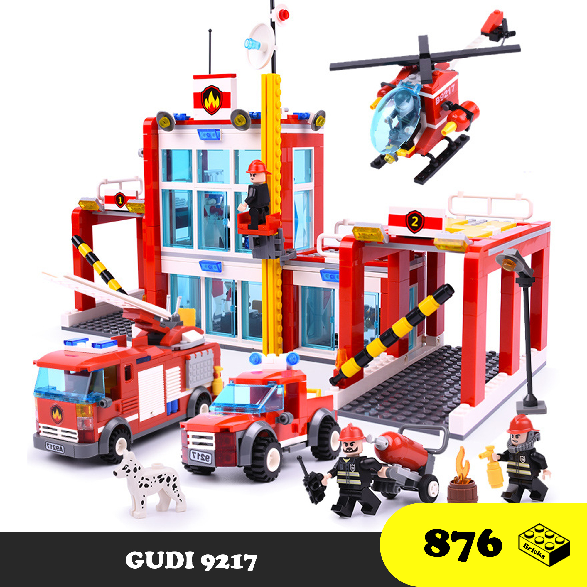 Đồ chơi Lego Trạm Lính cứu hỏa, Lego Gudi 9217 Fire Station, Xếp hình thông minh thành phố, Đồ chơi xây dựng thành phố [876 Mảnh ghép]