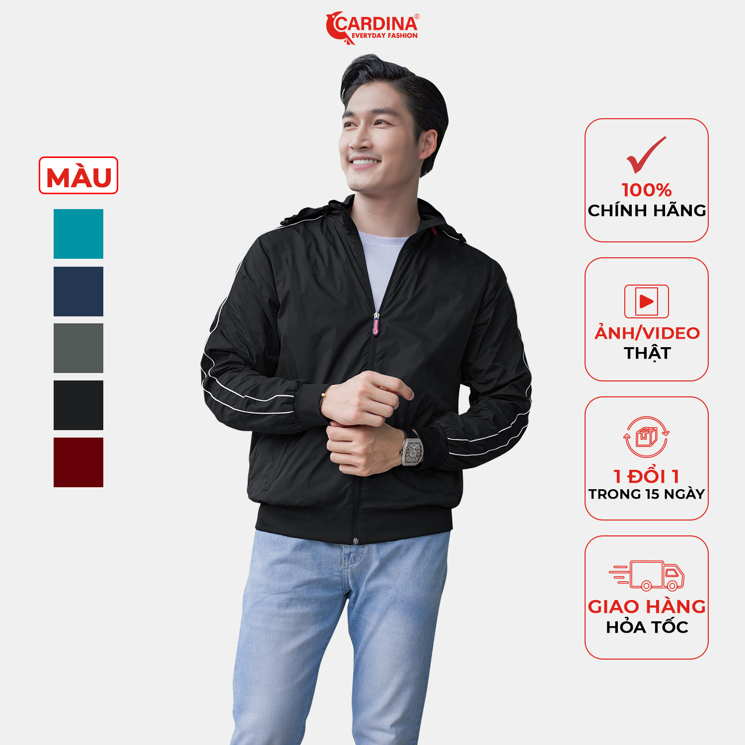 Áo khoác gió nam CARDINA 2 Lớp Lót Lưới Cao Cấp Siêu Nhẹ Cản Gió Giữ Nhiệt Cản Bụi Chống Nước 2GM