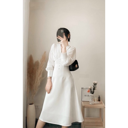 Đầm trắng tay dài, cổ v, nút bọc ms31