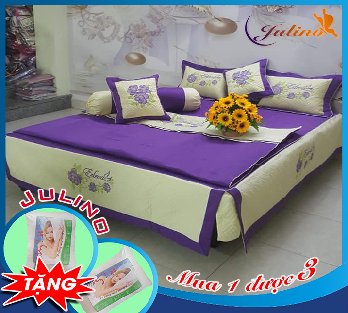 Bộ chăn ga phủ 7 món 1.8m x 2m màu tím huế tặng 2 gối hơi cao cấp