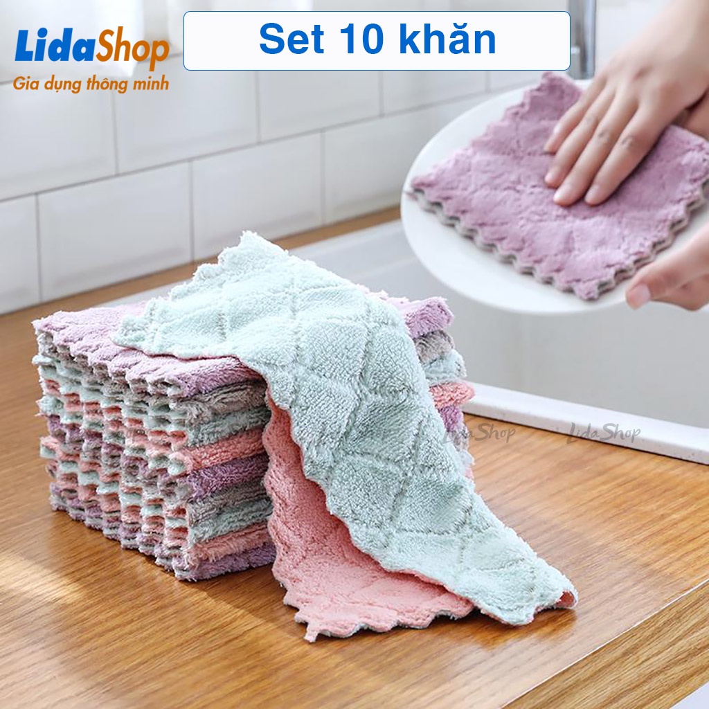 Khăn lau bếp đa năng 2 mặt siêu thấm mềm mịn không rụng lông , bịch 10 khăn lau đa năng siêu thấm hút
