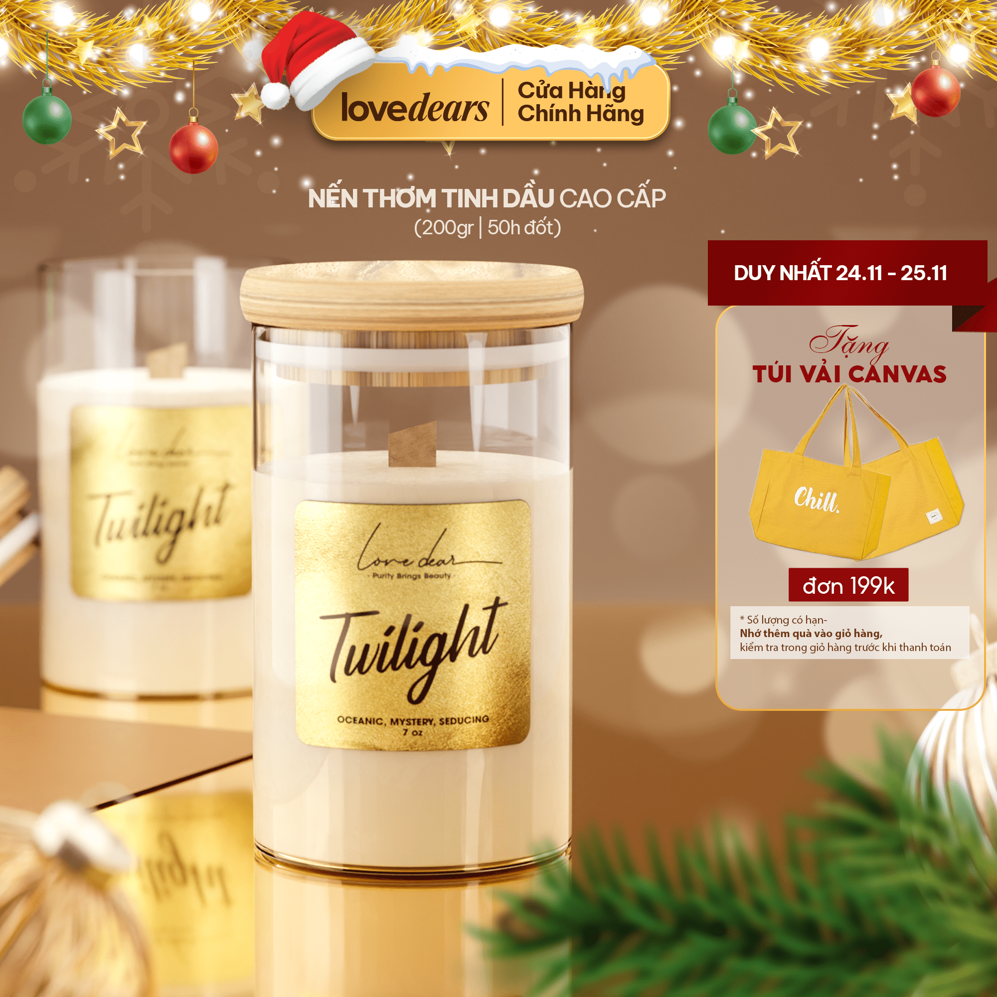 Nến Thơm Cao Cấp LoveDear - Từ Tinh Dầu Thiên Nhiên, Sáp Cọ - Thơm Phòng, Trang Trí Decor - Tự Chọn 200g 50h Đốt