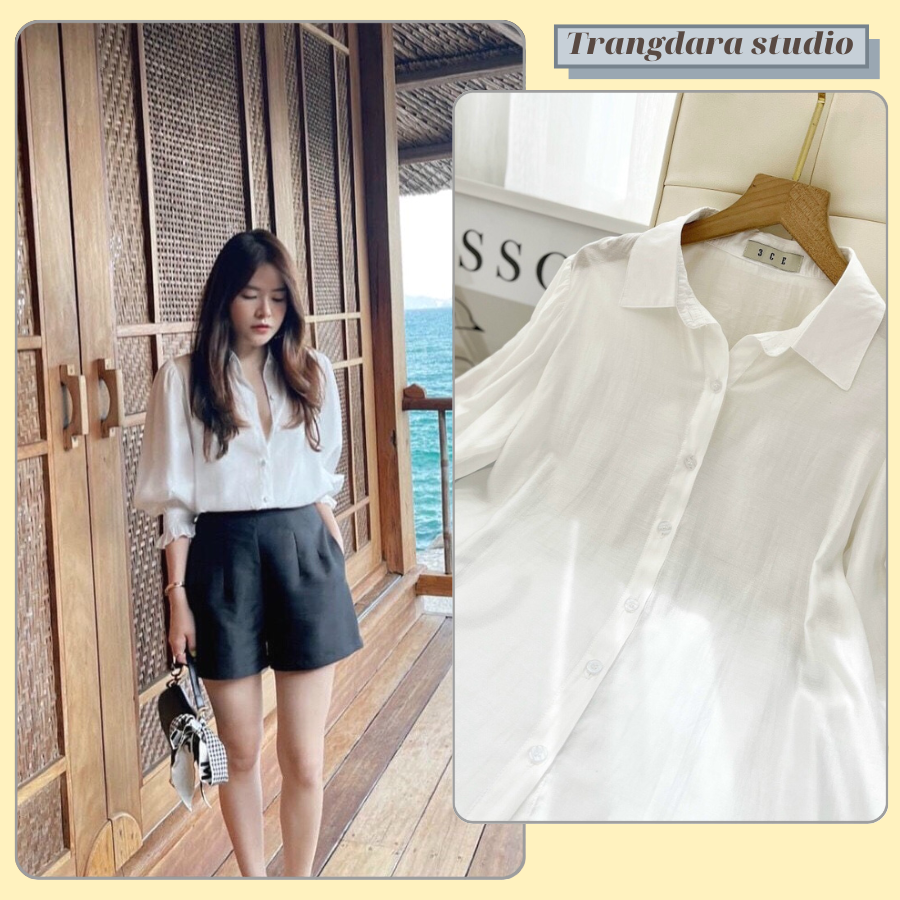 Áo sơ mi nữ trắng from rộng tay lớ nhún dễ phối đồ freesize