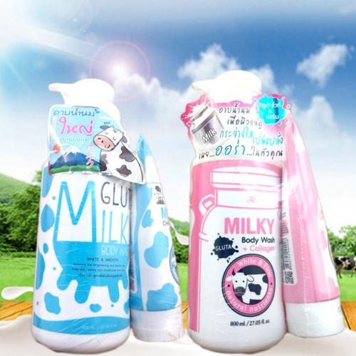 [HCM]Sữa tắm con bò Gluta Milky Thái Lan 800ml tặng sữa rửa mặt 190ml (Màu Hồng)