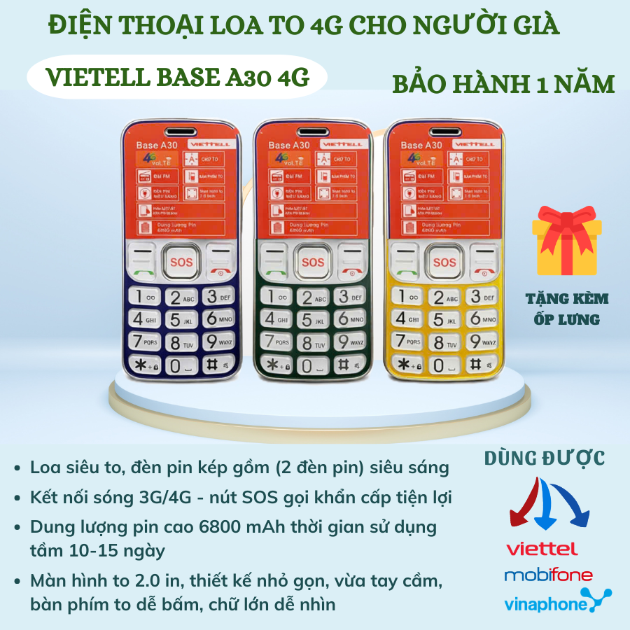 Điện Thoại Cho Người Già Viettell A30 4G , Loa To Pin Dùng 10 Ngày, Đèn Pin Siêu Sáng, Tặng Kèm Ốp Lưng, BH 1 Năm