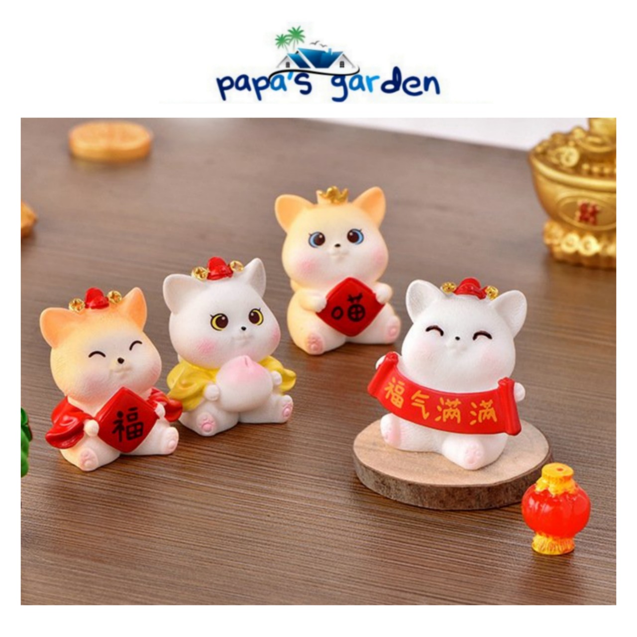 Trang trí tết mô hình mèo vàng tiểu cảnh thuận buồm xuôi gió cá chép hóa rồng