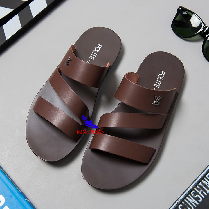 Minh Nhân - Dép da nam dép quai chéo dép con ong vàng Xăng đan Sandal nam da bò xịn quai ngang quai hậu cao cấp xuất khẩu thời trang đẹp giá rẻ Q-23 màu nâu
