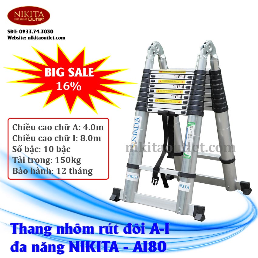 Thang nhôm rút đa năng  NIKITA AI80 (4.0+4.0m) [ Siêu bền ] Tiêu chuẩn an toàn Châu Âu EN131. Bảo hành chính hãng 2 năm - NIKITA OUTLET