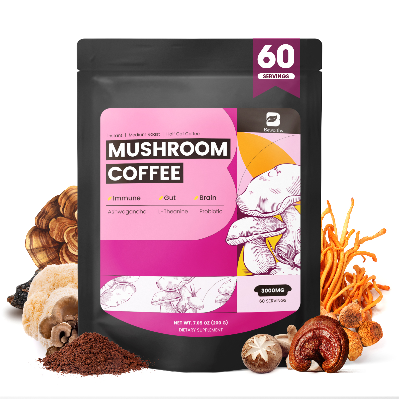  Hỗn hợp cà phê nấm với Ashwagandha L-Theanine Probiotic cho sức khỏe miễn dịch đường ruột và não bộ 