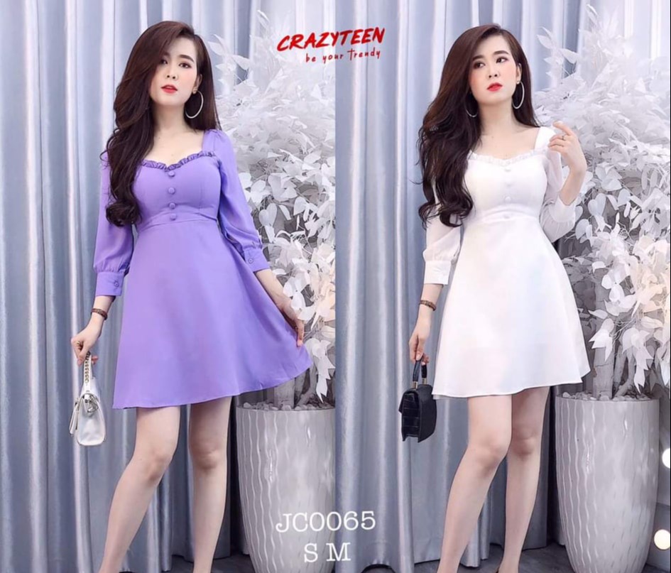[Mẫu Mới]Đầm Nữ Phối Nút Tay Dài Dáng Xòe Chất Liệu Umi Sang Trọng Quý Phái HARI