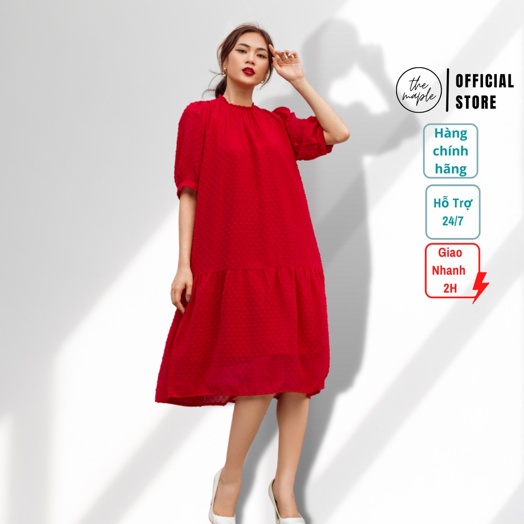 Đầm Maxi cổ ôm tròn tay phồng The Maple Đỏ Freesize