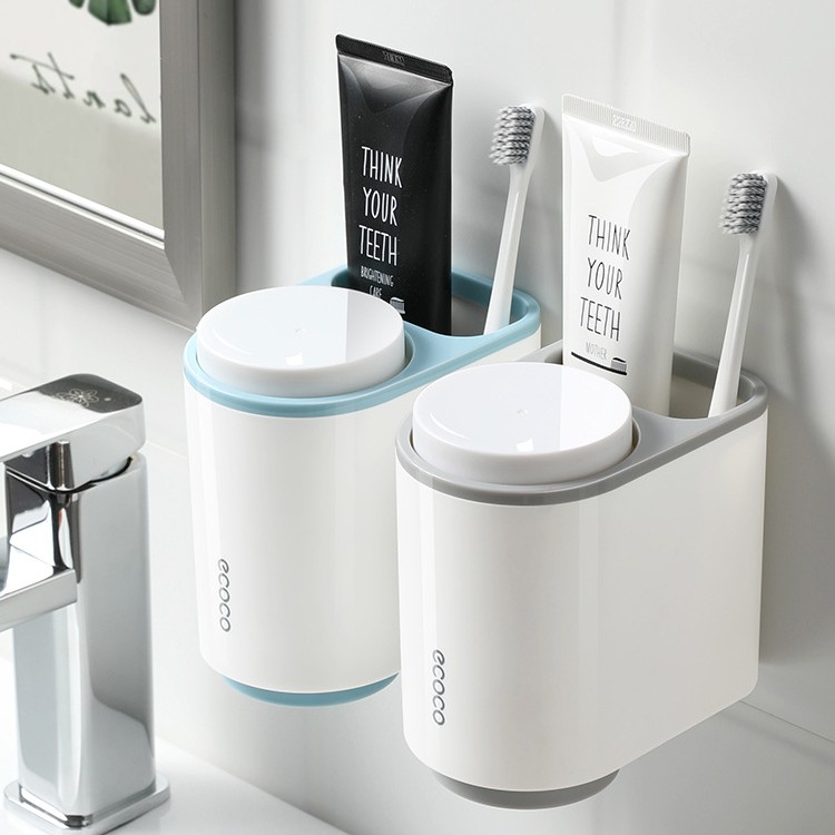 Ống đựng bàn chải đánh răng, kem đánh răng kèm 2 cốc úp ngược Ecoco thiết kế hiện đại treo tường bằng miếng dính siêu chắc - Sắp xếp không gian phòng tắm thêm gọn gàng