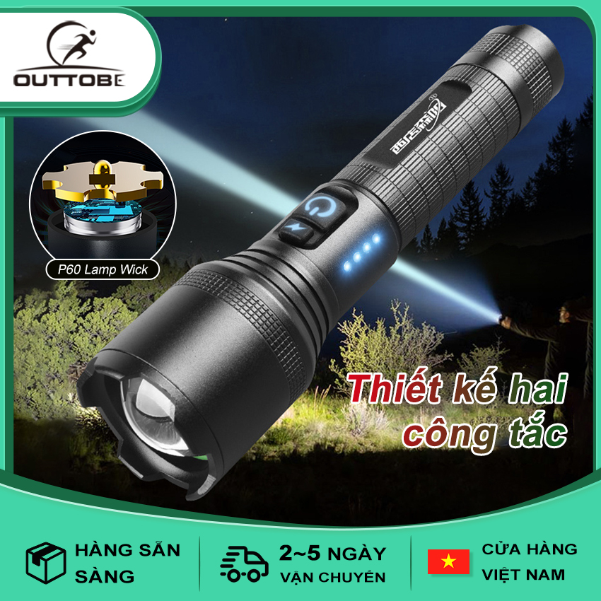 Outtobe Đèn pin siêu sáng USB Đèn LED Đèn pin ngoài trời có thể phóng to pin chống nước có thể sạc lại Kích thước bỏ túi
