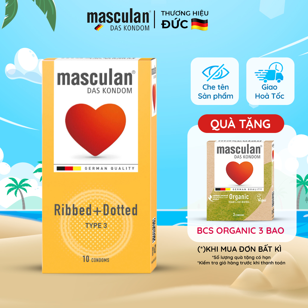 Hộp 10 Cái Bao cao su Đức Masculan Ribbed+Dotted - Gân chấm hạt , Cao Cấp, Bao Cao Su Masculan Không Mùi Cao Su, Bán Chạy Nhất Tại Đức