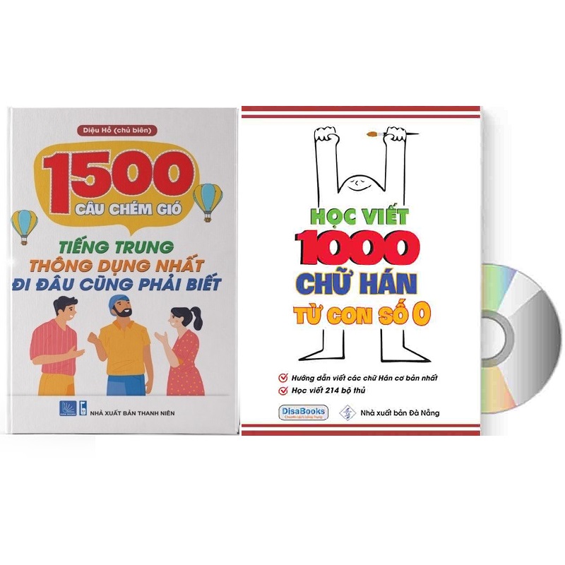 Combo 2 sách: 1500 câu chém gió tiếng trung thông dụng nhất + học viết 1000 chữ hán từ con số 0 +20 ngòi + bút +đệm tay+ dvd quà tặng