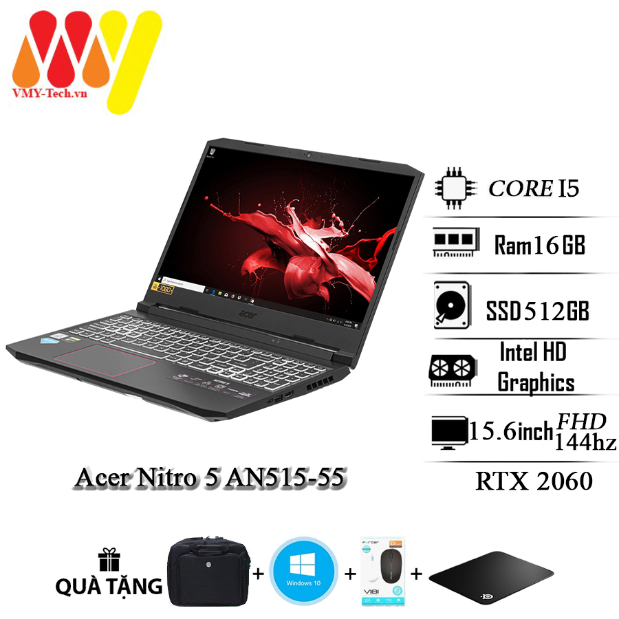 Laptop Gaming Acer Nitro 5 AN515-55, Core i5-10300H, Ram 16GB, SSD 512GB, màn hình 15.6inch Full HD 144Hz, VGA RTX 2060, tặng kèm bộ quà tặng laptop