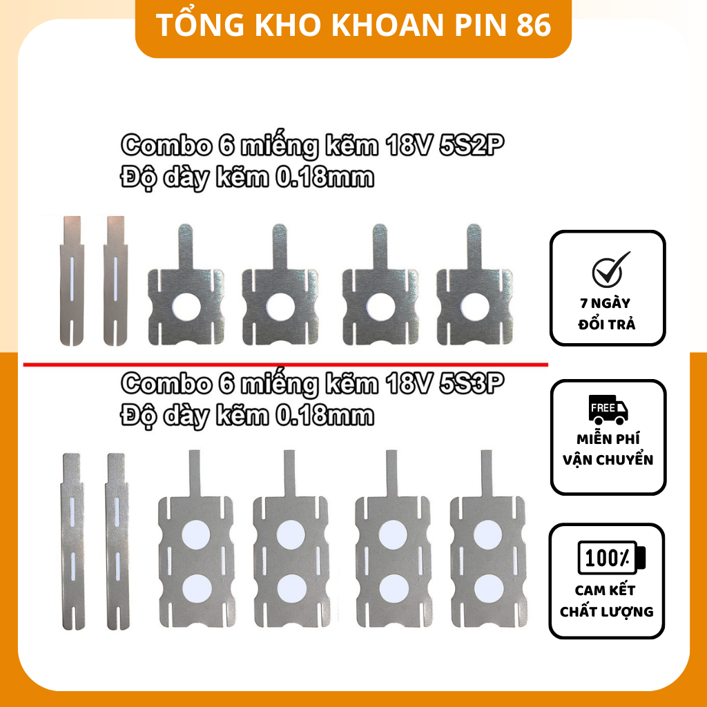 Combo 6 miếng kẽm 18V 5S2P 5S3P đóng khối pin, hàn cell pin máy dụng cụ cầm tay