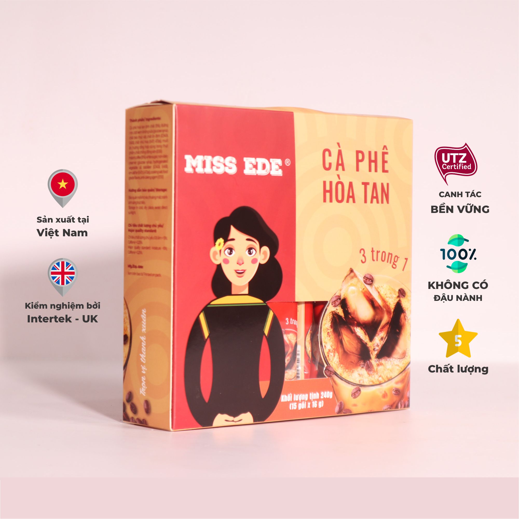 *Cà phê hoà tan 3in1 MISS EDE - 240g (15 gói x 16 g) - cafe Vị ngọt thanh, cà phê mạnh mẽ, sữa không béo, phù hợp cho cả nam và nữ, hoàn toàn không có đậu nành và bắp rang cháy