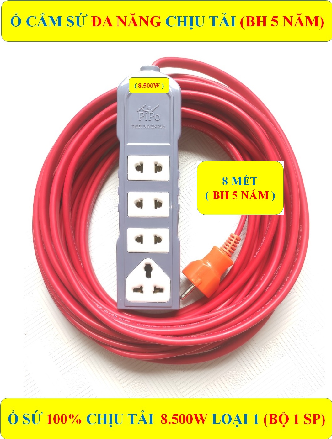 Ổ cắm điện CHỊU TẢI CAO 8.500W đa năng CAO CẤP + Dây 8 MÉT + (BH 5 NĂM) HÀNG LOẠI 1 CAO CẤP + 4 Ổ cắm SỨ 100% chịu tải, chịu nhiệt (bộ 1 sản phẩm)