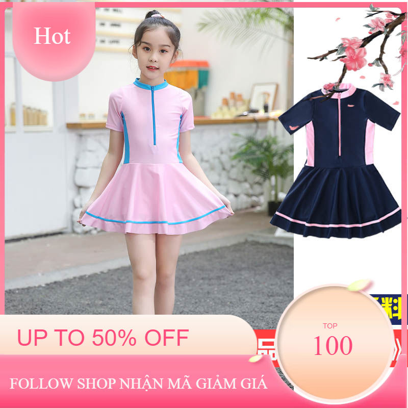Đồ bơi cho bé gái 1 mảnh dài tay chân váy đủ size từ 20kg đến 45kg TE005