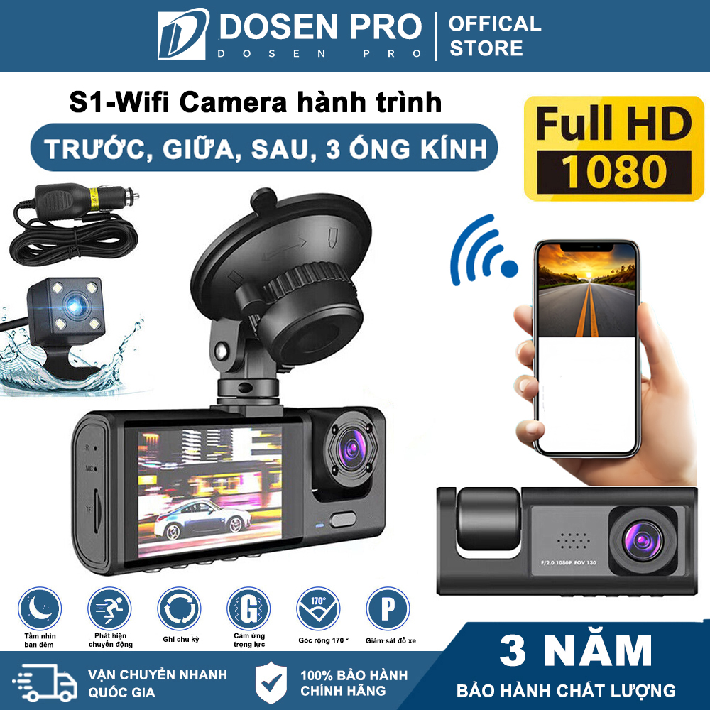 Ghi âm 24 giờ Camera hành trình ô tô Taxi hỗ trợ kết nối Trước, trong, sau xe  3 mắt ghi hình tốc độ cao Wifi full HD 1080p hồng ngoại siêu nét