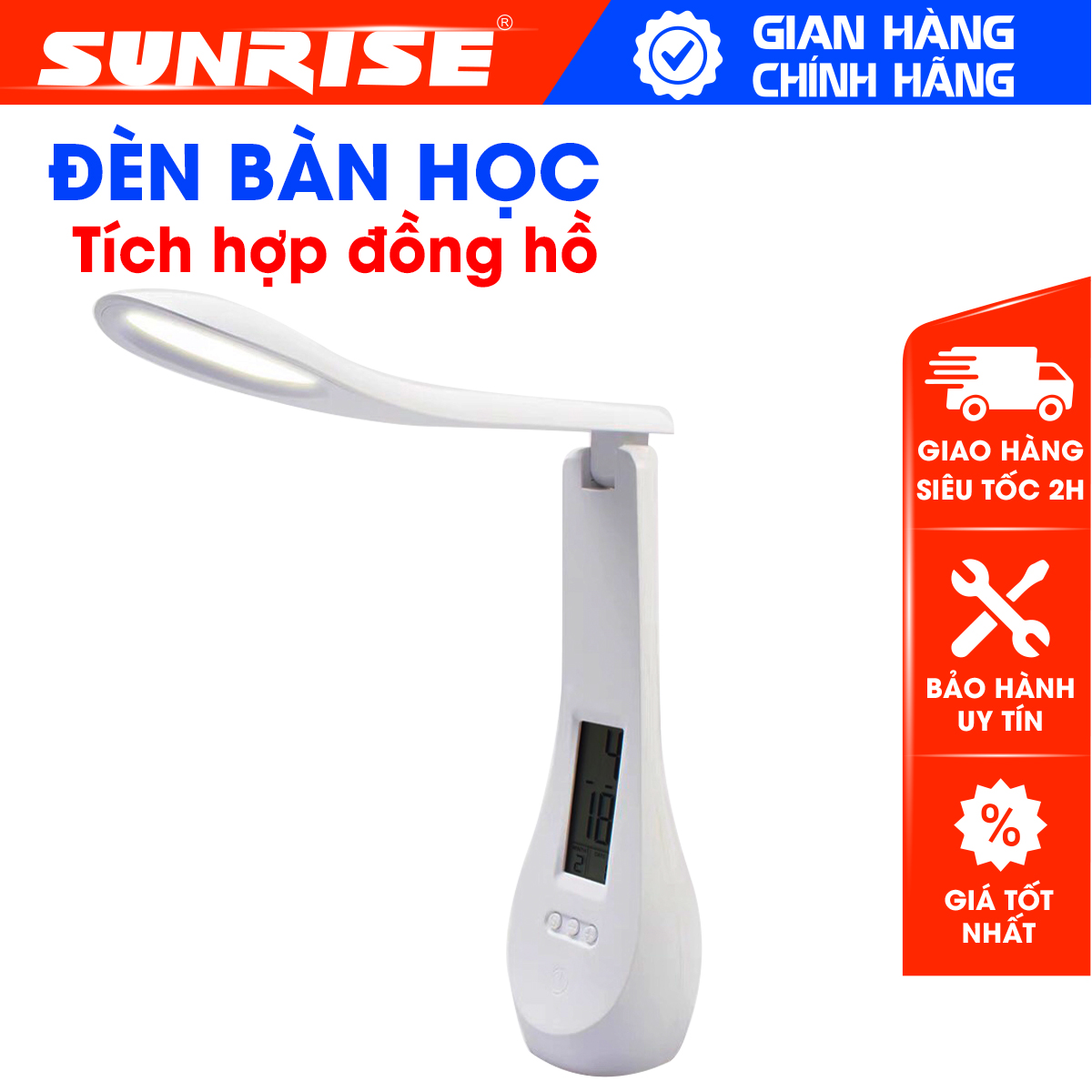 Đèn học để bàn cảm ứng tích hợp đồng hồ, LED chống cận 3 chế độ sáng, dùng đọc sách, làm việc - Sunrise Electronics