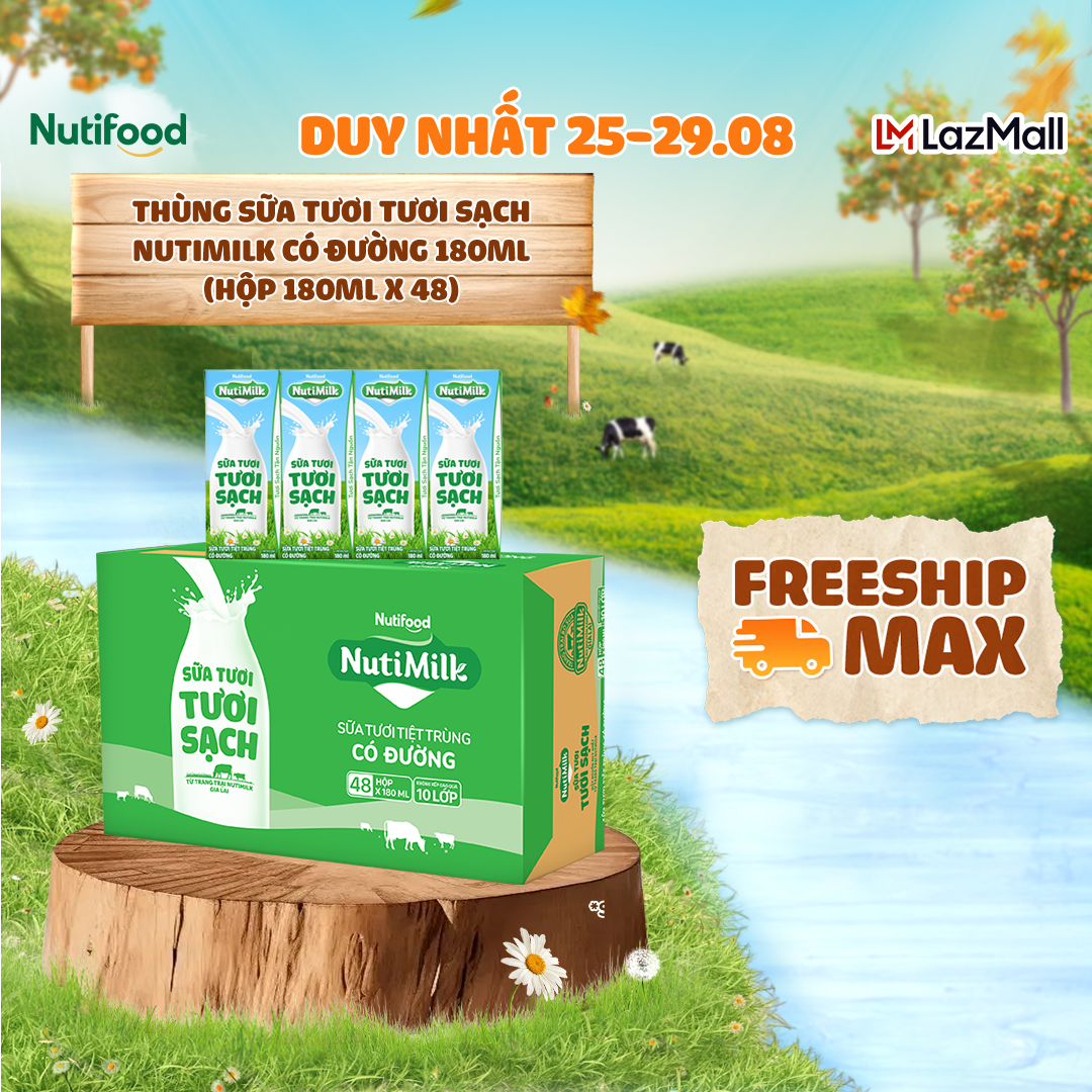 Thùng Sữa Tươi Tươi Sạch NutiMilk Có Đường 180ml - 100% nguồn sữa tươi sạch từ trang trại bò sữa NutiMilk
