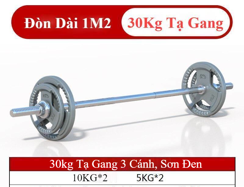 Bộ đòn tạ dài 1m2 và 30kg tạ miếng gang đen