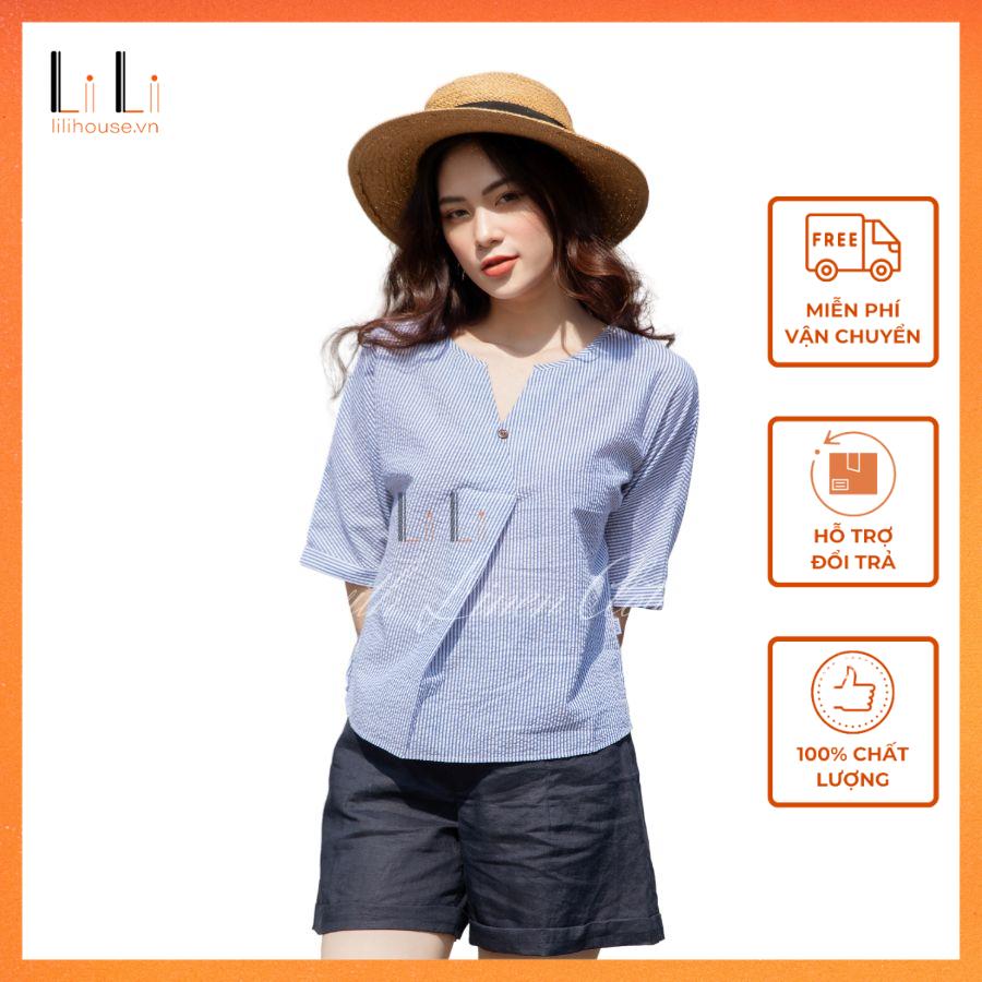 Quần Short Nữ Ống Rộng Cúc Chéo Gập Gấp Cạp Cao Vân Chỉ Xẻ Nổi Phong Cách Thanh Lịch Mùa Hè Trẻ Trung - LiLi - Thời trang Linen
