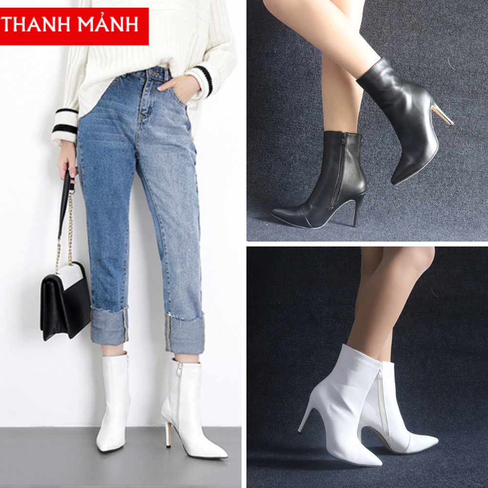 Giày boot nữ cổ lửng gót nhọn MŨI NHỌN 2 màu đen/ trắng THANH LỊCH, HIỆN ĐẠI GBN11