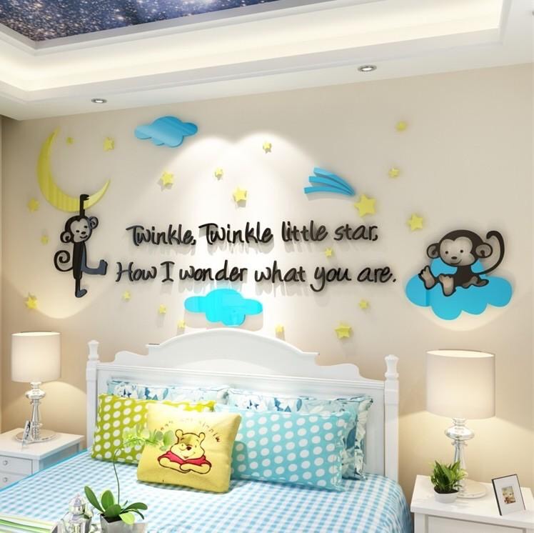 Tranh dán tường mica 3D- khỉ con, trang trí mầm non, trang trí khu vui chơi trẻ em