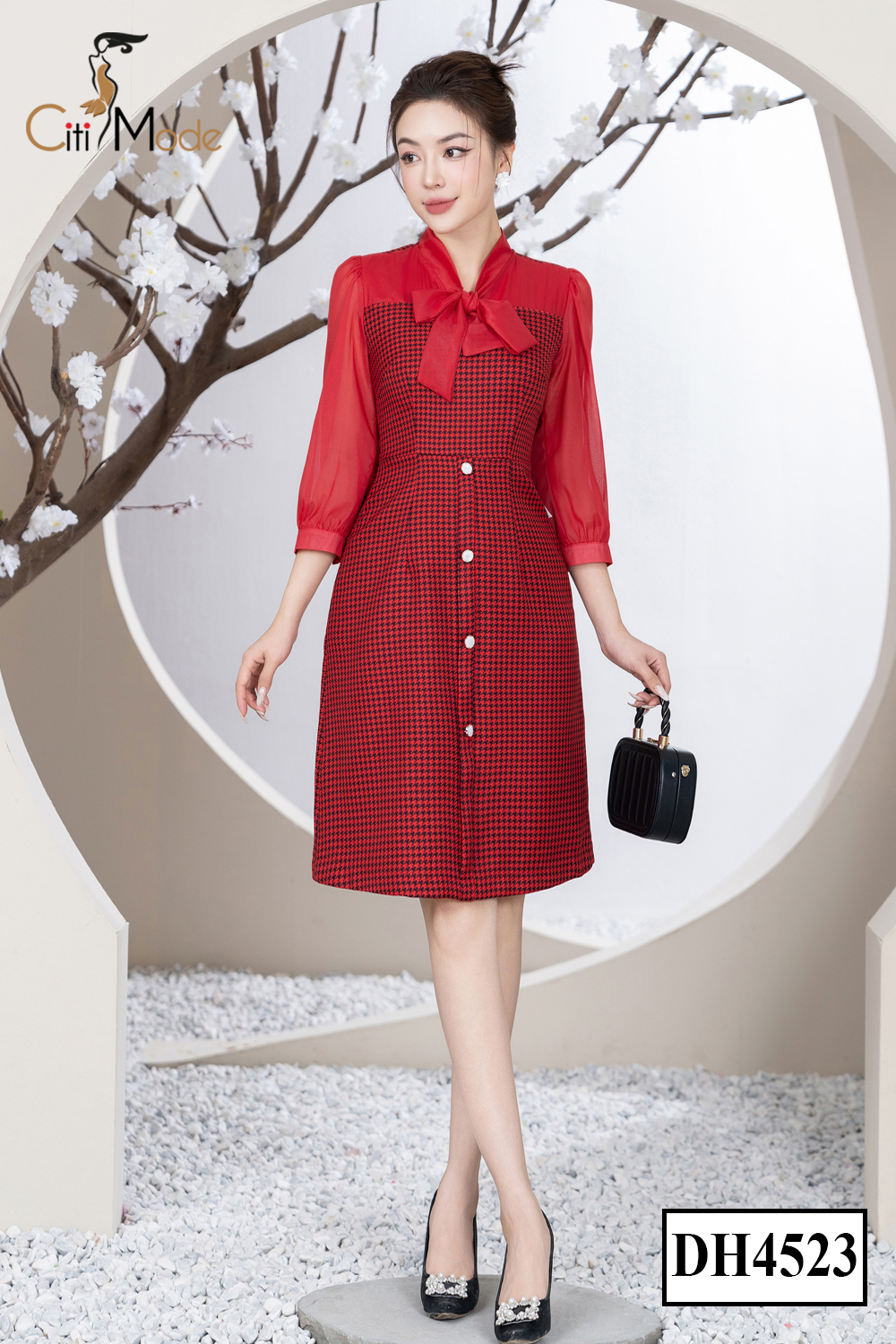 Đầm công sở citi mode fashion thiết kế dáng xoè đỏ nhún hông tay voan cổ đính hoa dh4518
