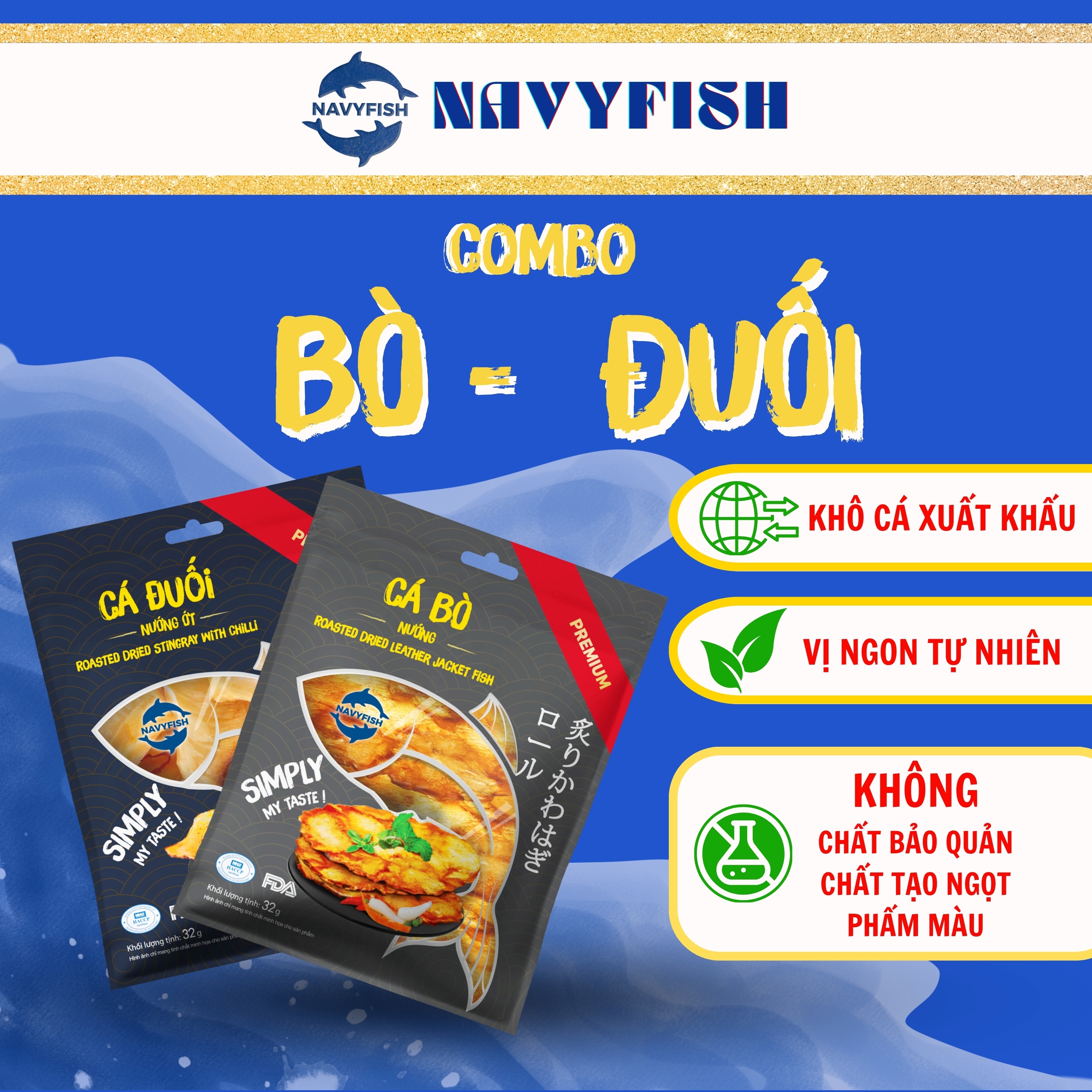 Navyfish combo 2 gói khô cá bò & khô cá đuối loại 1 nướng ớt tẩm vị ăn liền - ăn vặt, mồi nhậu, ăn với cơm