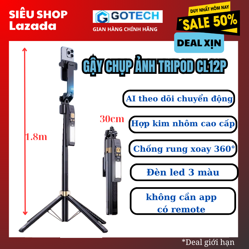 Gimbal AI Thông Minh CL12P Kiêm Giá Đỡ Điện Thoại - Theo Dõi Chuyển Động AI Xoay 360 độ - Chống Rung - Bản 2025 - Độ Bền lên tới 10 năm