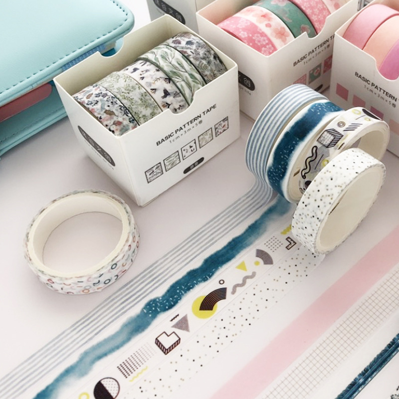 Set 5 cuộn washi tape Basic Pattern (Hàng có sẵn)