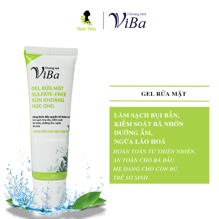 Gel rửa mặt Viba - 30ml - Không sulfate , kiểm soát bã nhờn, ngăn ngừa lão hoá - Công thức độc quyền từ thiên nhiên dùng được cho bà bầu và có con nhỏ - Dinh ViBa