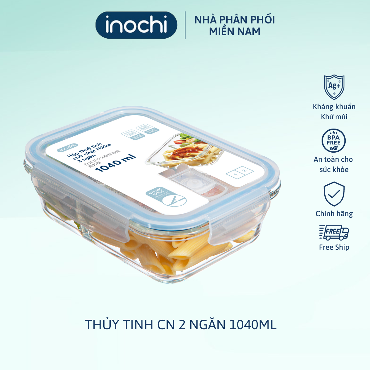 Hộp thủy tinh chữ nhật Nikko 1040 ml (2 ngăn)