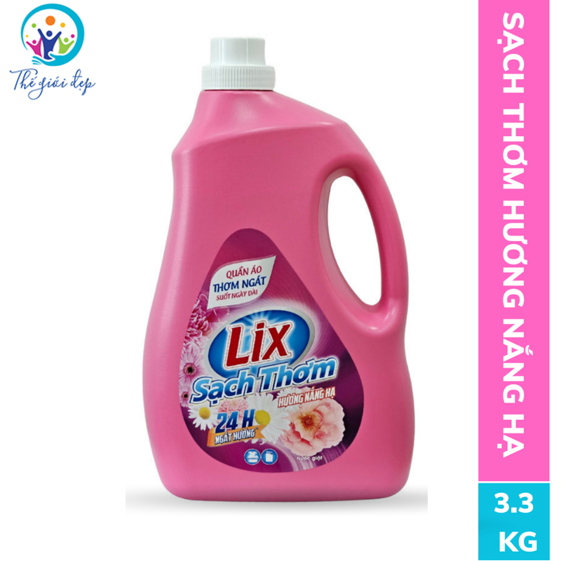 Nước giặt Lix sạch thơm hương nắng hạ 3.3kg CHAI tăng gấp đôi sức mạnh giặt tẩy quần áo